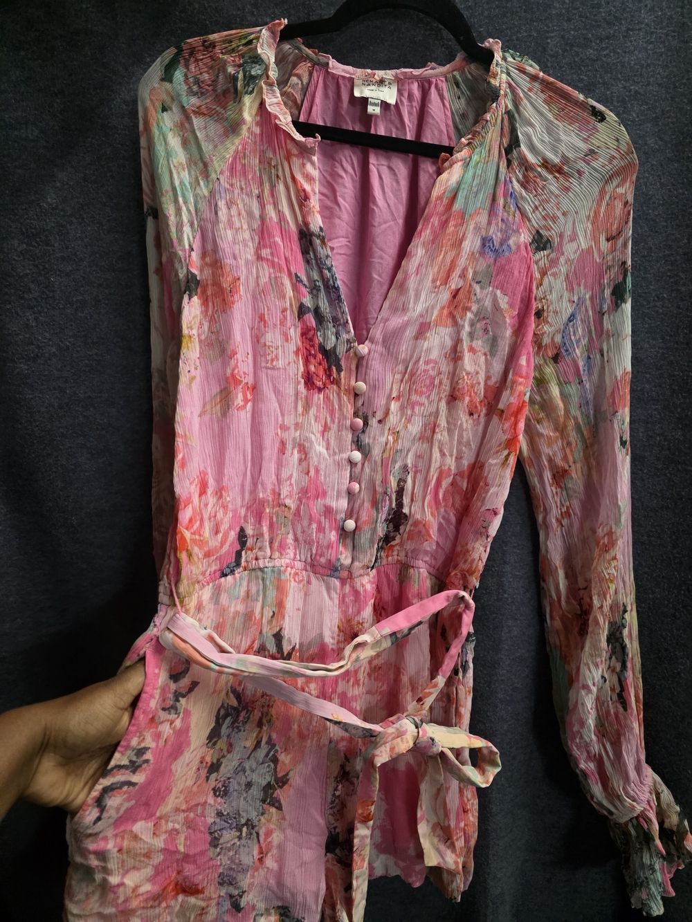 Floral Pink Long-Sleeve Button Front Women's Dress - Picture 4 of 7